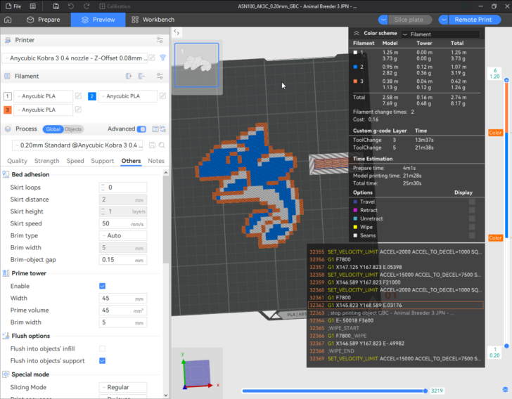 Kobra 3 Combo AnycubicSlicerNext v1.0.0 2024 08 17 11 58 02 ASN100 AK3C 0.20mm GBC Animal Breeder 3 JPN Dolphin 5 AnycubicSlicer