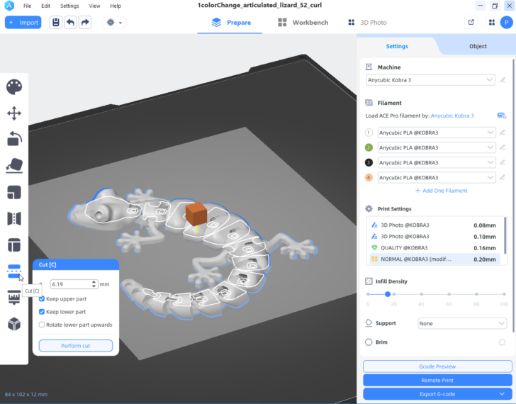 Kobra 3 Combo AnycubicSlicer v1.4.4 split or cut fonction 2024 07 19 20 16 35