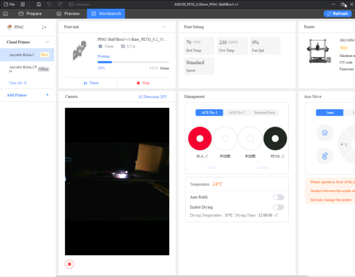 Kobra 3 Combo Anycubic Slicer Next v1.0.0 Remote Print 2024 08 20 16 04 23 ASN100 PETG 0.20mm PPAC BatNBox3 v1 AnycubicSlicer